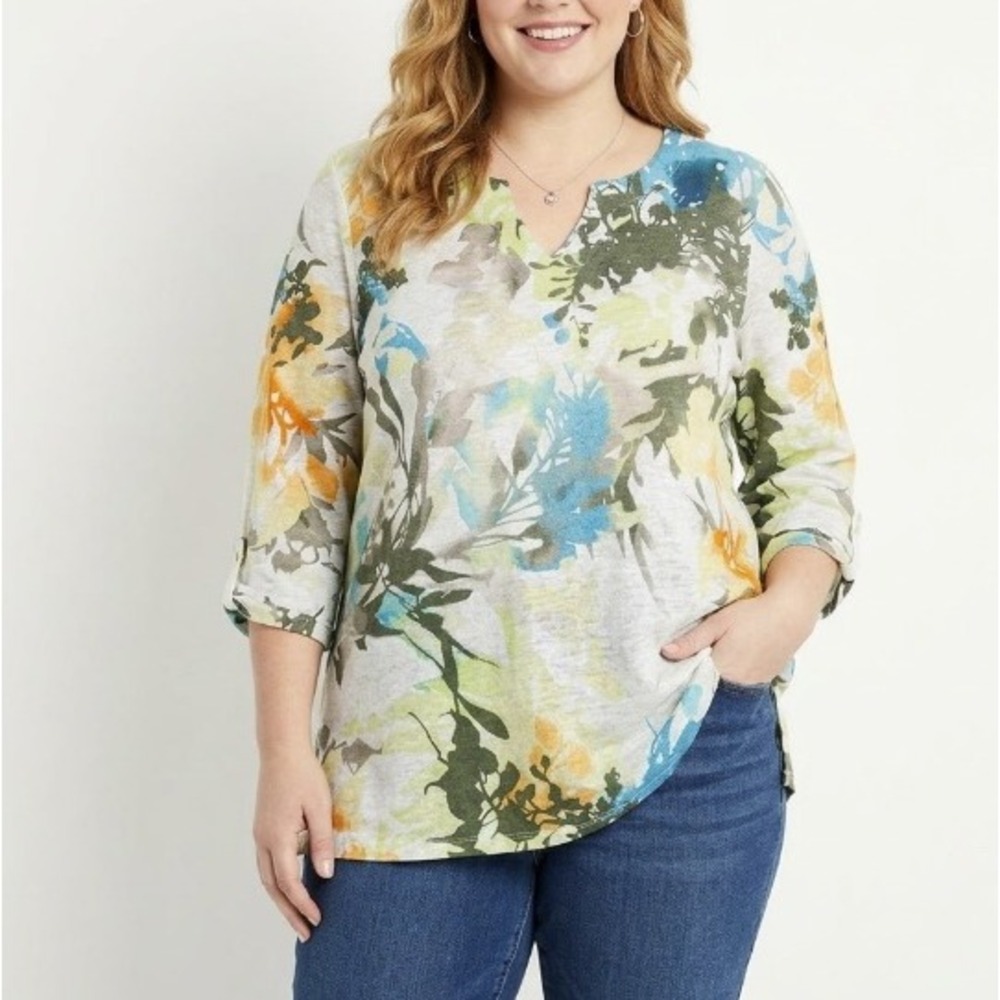 Chico's size Large/2 Linen Watercolor Floral V-Neck Relaxed Fit Stretchy Tunic